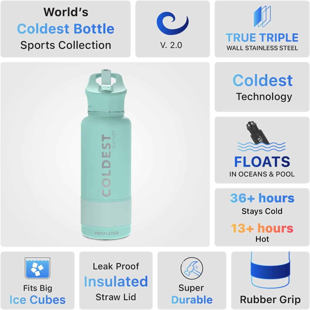 Coldest Insulated Stainless Steel Water Bottle with Straw Lid - 32 Oz Oceanic Green for Men and Women