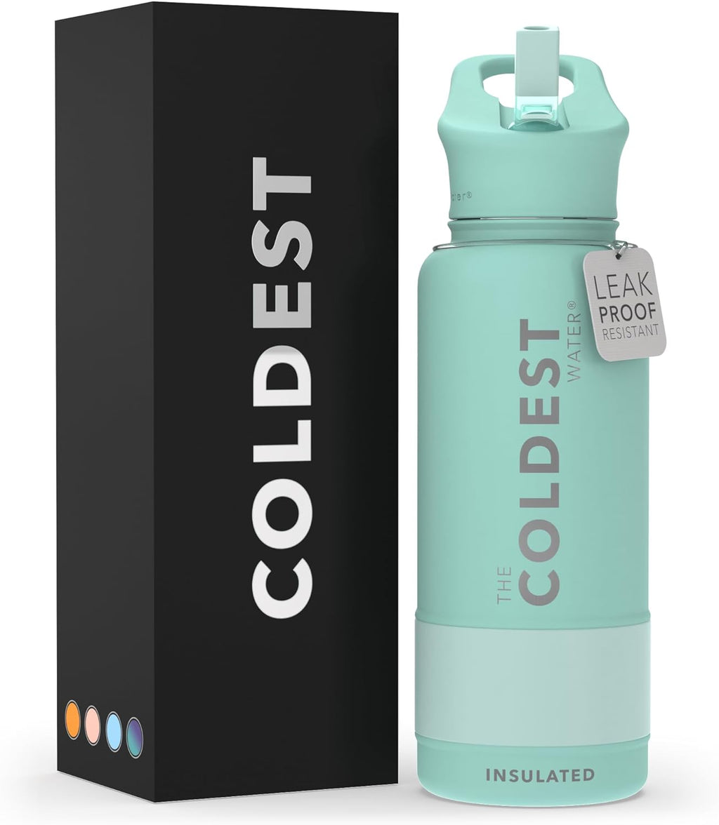 Coldest Insulated Stainless Steel Water Bottle with Straw Lid - 32 Oz Oceanic Green for Men and Women