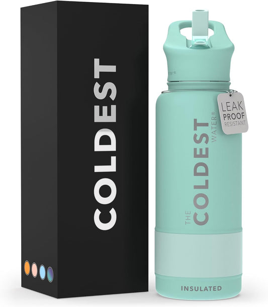 Coldest Insulated Stainless Steel Water Bottle with Straw Lid - 32 Oz Oceanic Green for Men and Women