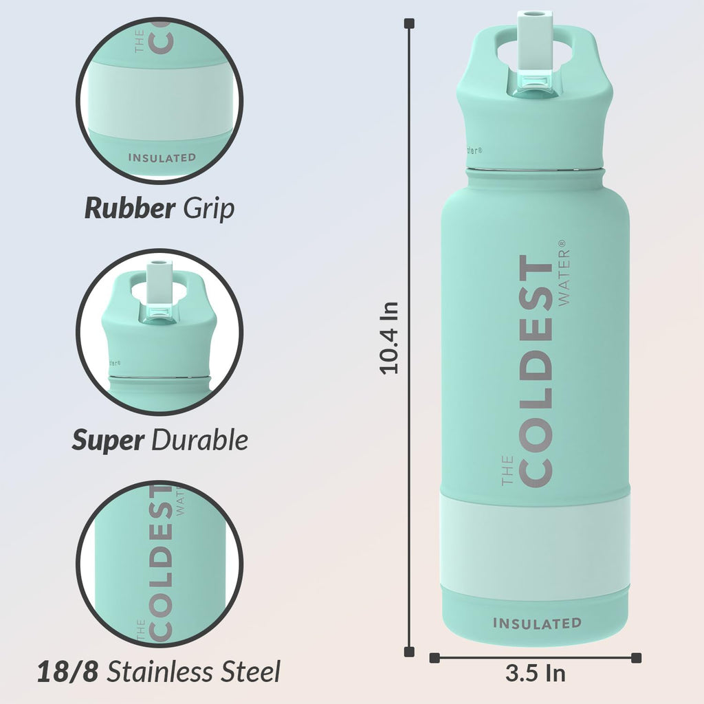 Coldest Insulated Stainless Steel Water Bottle with Straw Lid - 32 Oz Oceanic Green for Men and Women